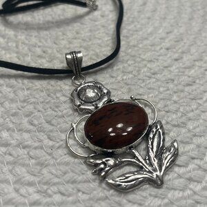 Unique MAHOGANY OBSIDIAN FLOWER Handmade Sterling 925 Pendant/Cord #339E